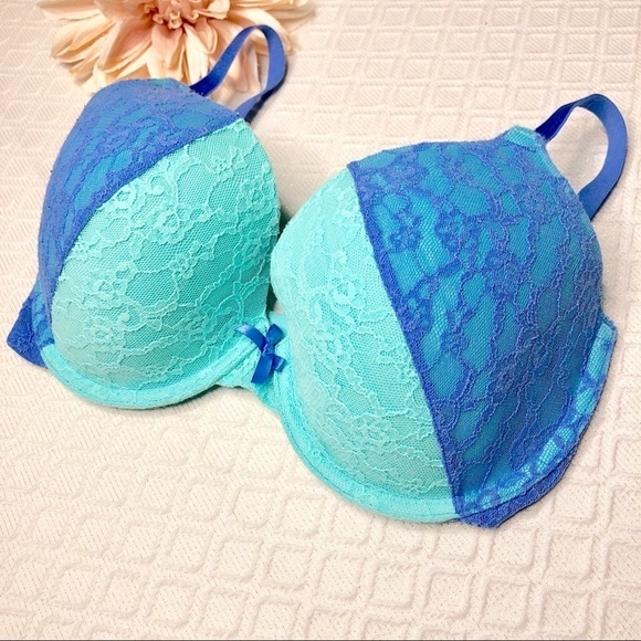 Victoria Secret Green Blue Lace Lined Perfect Coverage Bra 32DD - Picture 4 of 8